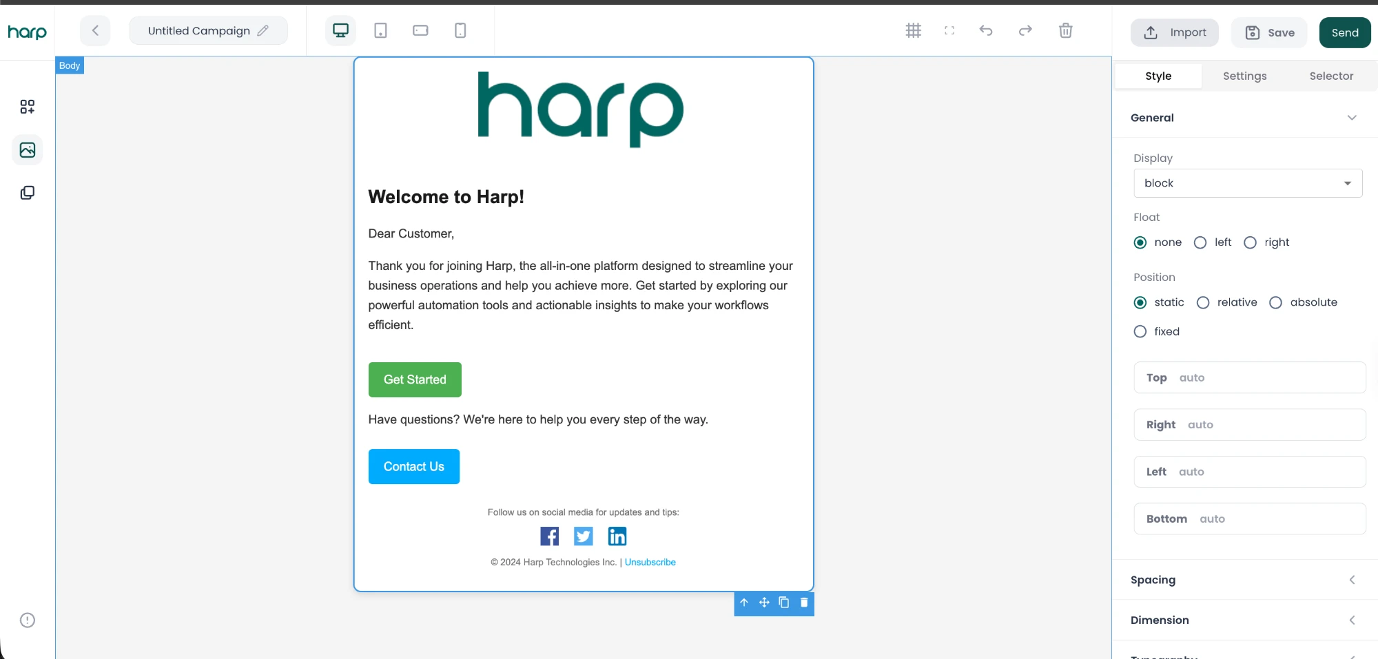 Harp's Design Studio editor with a welcome email on the canvas, device previews in the toolbar, and style settings for the selected block
