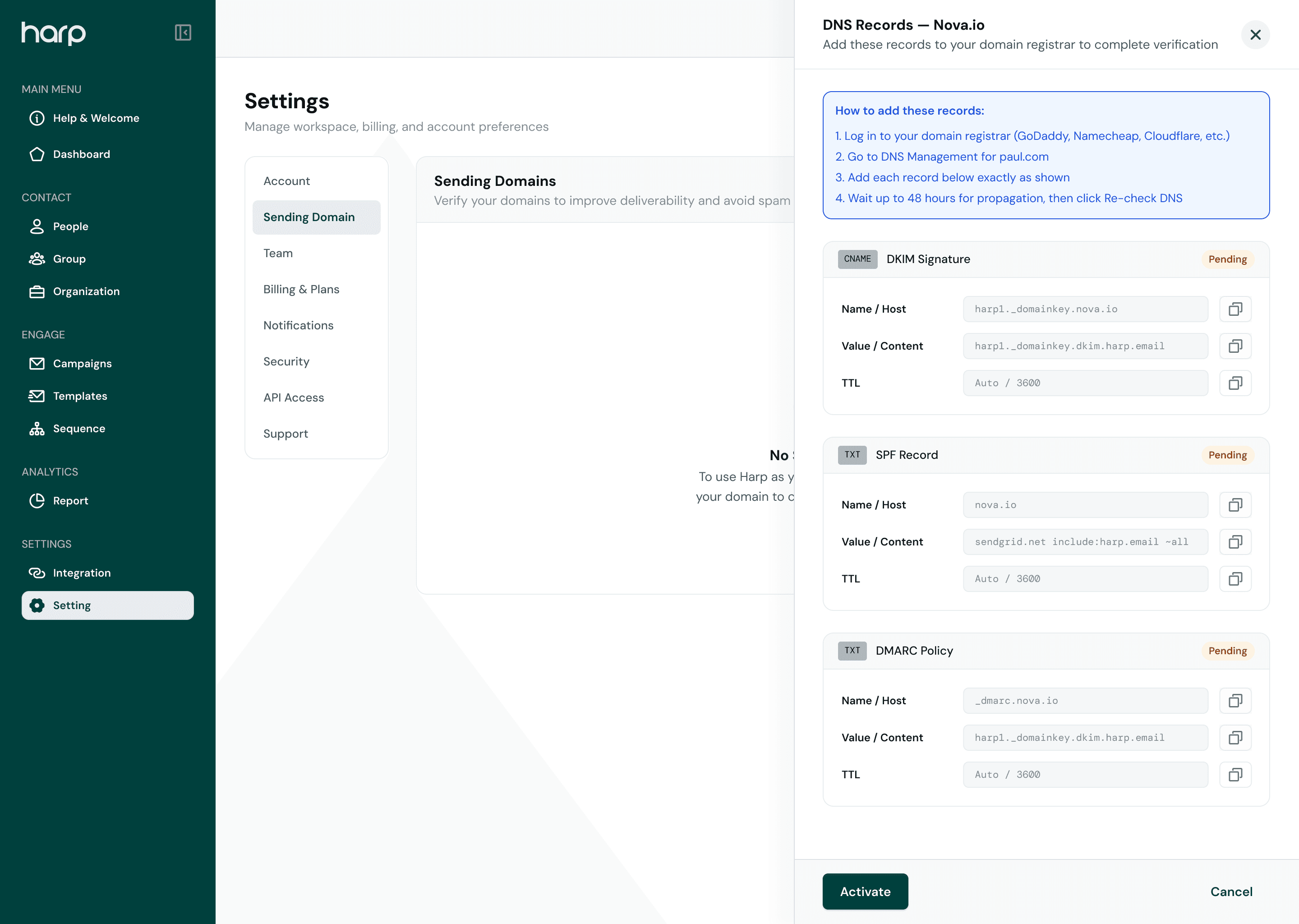 Harp's Sending Domains settings with the DNS records panel open, listing the DKIM, SPF, and DMARC records to add at your domain registrar, each pending verification